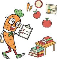 funny carrot character with clipboard books apples and school objects cartoon style vector
