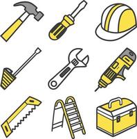 construction tools icons set including hammer drill helmet wrench ladder and toolbox vector