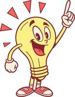 fun cartoon lightbulb character idea mascot with smile and pointing finger concept vector