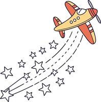 cartoon airplane flying in sky with stars trailing behind in a playful fun illustration vector