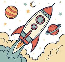 cartoon rocket flying in space with planets stars moon and clouds in colorful style vector