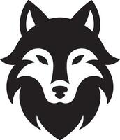 A minimalist black and white illustration of a wolf head facing forward on white background vector