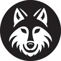 A stylized white wolf head with pointed ears inside a black circle background art vector
