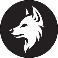 A white wolf head in profile on a black circle background in a minimalist style vector