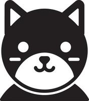A black and white cartoon cat face with triangular ears and a heart shaped nose icon vector