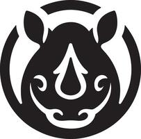 A black and white rhino head inside a circle with decorative elements around it vector