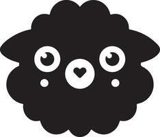 A black and white graphic of a sheep with big eyes and a heart shaped nose design vector