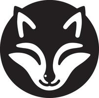 A black and white illustration of a fox head inside of a black circle design icon vector