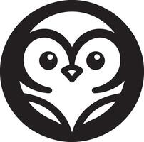 A stylized owl face in a black circle on a white background in a minimalist style vector