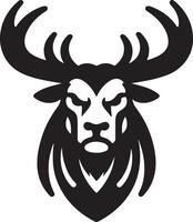 A stylized black and white illustration of a deer head with large antlers design art vector