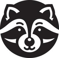 A graphic black and white illustration of a raccoon head in a circular shape design vector
