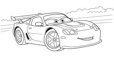 Exciting Pixar style cartoon race car illustration, perfect for children's fast-paced coloring activities vector
