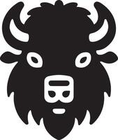 A black and white graphic illustration of a bison head with simplified features vector