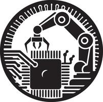 Robotic arm assembling a microchip in a circular emblem black and white design vector