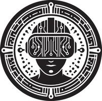 Black and white vr headset design with circuit board pattern in a circular frame vector