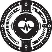 Circular black and white design featuring a heart with an electrocardiogram line vector