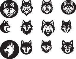 Collection of twelve black and white wolf head logos in various styles and orientations on a white background vector