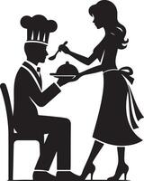 Silhouette of a chef being served food by a waitress in a black and white image vector