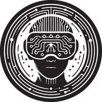 A black and white graphic of a person wearing a vr headset in a circular design vector