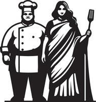 Illustration of a chef and a woman in a sari holding a spatula in black and white vector