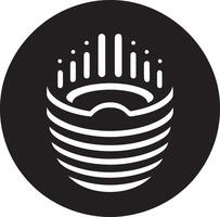 A black circle containing a white layered structure with vertical white lines vector