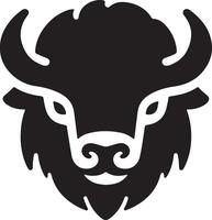 A stylized black and white illustration of a bison head with curved horns and beard vector