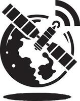 Illustration of a satellite orbiting a globe with communication waves in black and white vector
