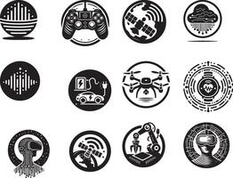 A collection of black white technology icons representing various modern technological advancements vector