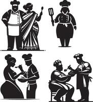 Four black and white illustrations of chefs and cooks in various poses and outfits on white background vector