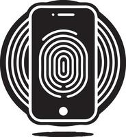 Black and white graphic of a phone with a fingerprint scanner inside a circle vector