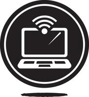 Black and white laptop icon with wifi symbol inside a circle on a white background vector
