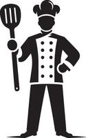 A black and white illustration of a chef holding a spatula with a white background vector