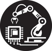 Illustration of a robotic arm assembling a microchip in a black and white circle vector