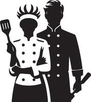Silhouette of two chefs in uniform holding a spatula and cooking utensil tool vector