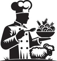 Chef holding a bowl of food with a spoon and a sheep in a black and white image vector