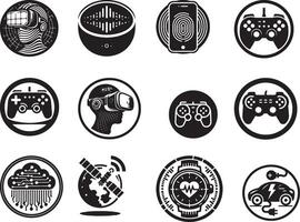 Aollection of black and white technology icons representing various modern technological advancements vector