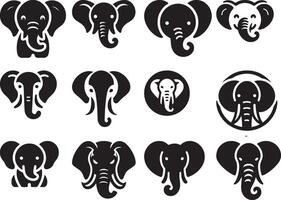A collection of twelve black and white elephant icons with different styles and expressions shown vector