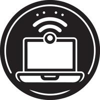 Black and white icon of a laptop with wifi symbol inside a black circle outline shape vector