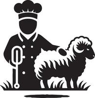 Chef with spatula petting a sheep standing on grass in black and white illustration vector