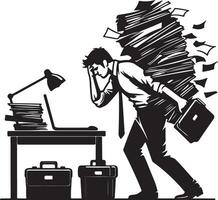 Man carrying large stack of papers with laptop and briefcase in black and white illustration style vector