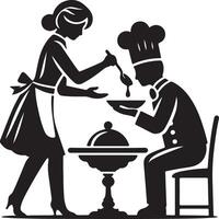 Silhouette of chef tasting food served by waitress at a table with covered dish vector
