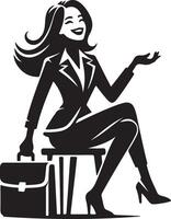 A black and white illustration of a woman in a business suit sitting on a stool with a briefcase vector