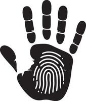 A black and white graphic of a handprint with a fingerprint inside the palm area of the hand vector
