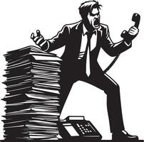 An angry businessman yelling into a phone next to a large stack of papers and a desk phone in black and white vector