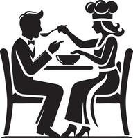 Silhouette illustration of a chef feeding a person at a table with a bowl of food vector