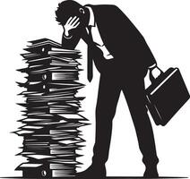 Silhouette of a stressed businessman with a large stack of files and a briefcase in black and white vector
