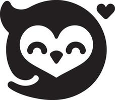 A black and white graphic of an owl with a heart shaped face and a small heart icon vector