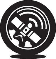 A black and white circular icon featuring a satellite with signal waves around it vector