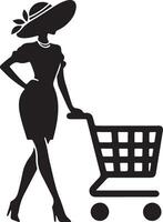 Silhouette of a woman in a hat with a shopping cart in black and white minimalist design vector
