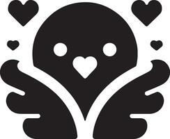 A black and white illustration of a bird with hearts floating around its head area vector